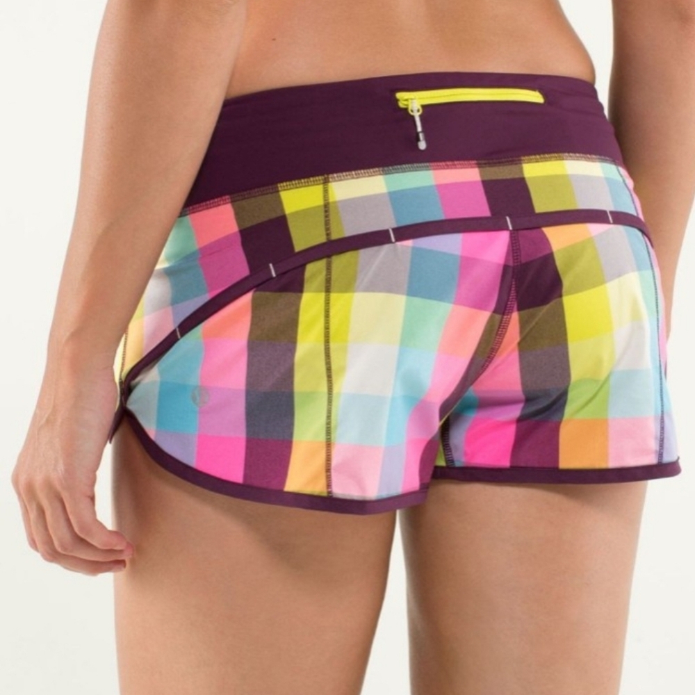 Lululemon Speed Run Shorts- (Pink Passion Plaid/Lavender-Lime) Size 10